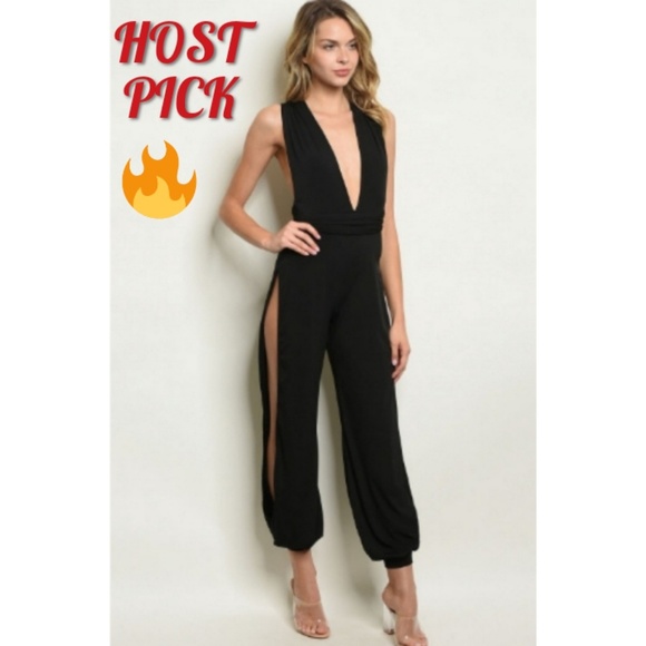 Pants - 1 LEFT  BLACK SIDE SLIT JUMPSUIT🌷